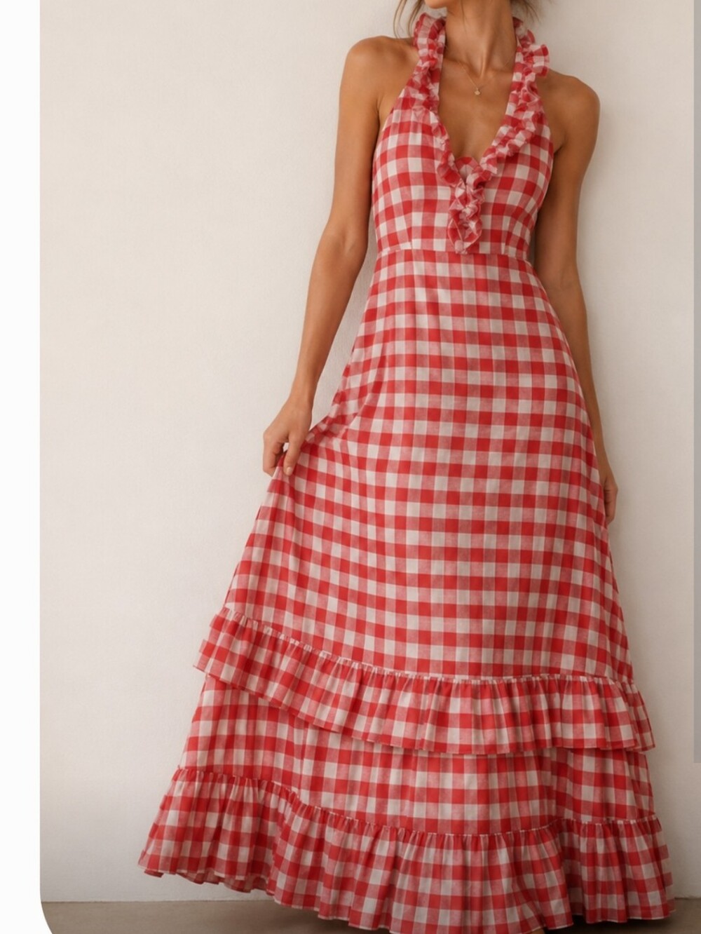 Vintage Irving Nadler Red Gingham Halter Dress Ruffle Tiered Maxi Sun Dress